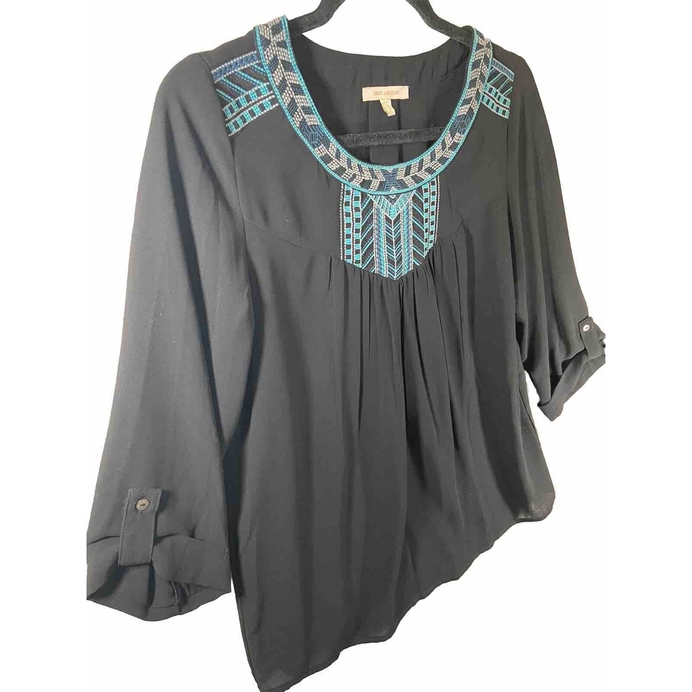 Skies Are Blue Blouse Womens S Black Embroidered Roll Tab Sleeve Boho - Picture 3 of 9